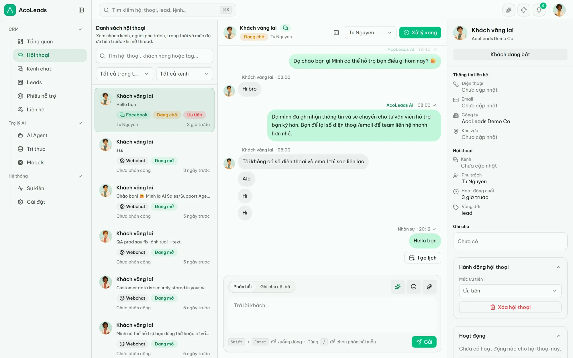Dashboard AcoLeads: inbox 2 khung với danh sách hội thoại, luồng tin nhắn và bảng thông tin khách hàng